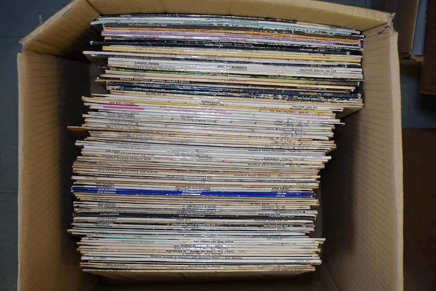 A hundred and two LP record albums, artists include; Ray Charles, James Brown, Otis Redding, Sam Cooke, Wilson Pickett, Amen Corner, Derek and the Domino, the Herd, Neil Young, etc. Condition - fair.